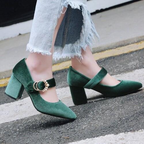 Velvet High Heels Pointed Toe Shoes Women Mary Jane Pumps 2020 Party Work Dress Shoes Green Black Winered Spring Shoes Big Size
