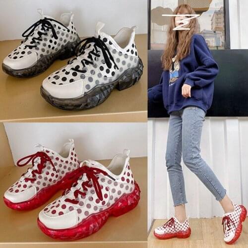2021 Summer Fashion Women Casual Sports Shoes Canvas Female Crystal Chunky Sneakers Polka Dot Slip-on Dad Shoes Red