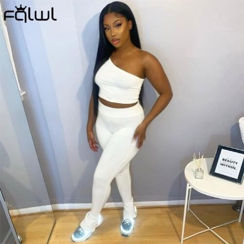 FQLWL Summer Streetwear Ribbed 2 Two Piece Sets Women Outfits One Shoulder Crop Skinny Top Pants Set 2021 White Tracksuit Women