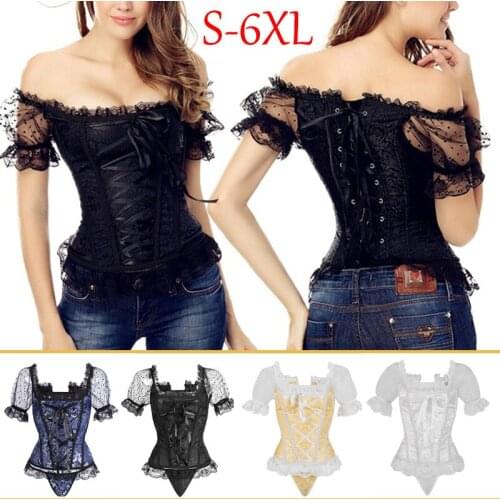 Womens Vintage Renaissance Corset Lace Up Tops Short Sleeves Retro Body Shaper Elegant Overbust Burlesque Costume for Halloween