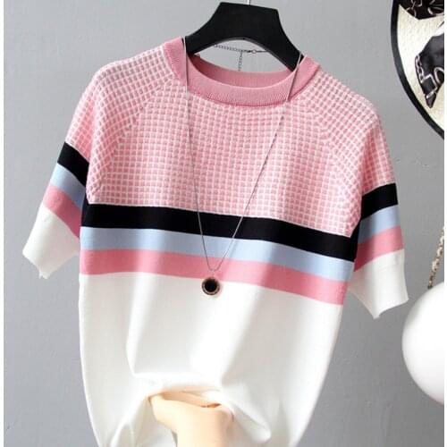 2021 NEW Vintage Casual Summer Striped Sweater Pullovers Women O-neck Shor Sleeve Big Size Sweater High Quality Female Top