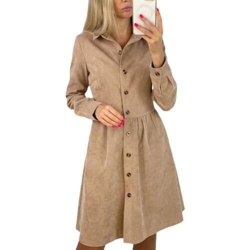 Women Dress Office Turn-down Collar Single Breasted Solid Color Stylish Casual Pleated Waist Ladies Dress Autumn Winter