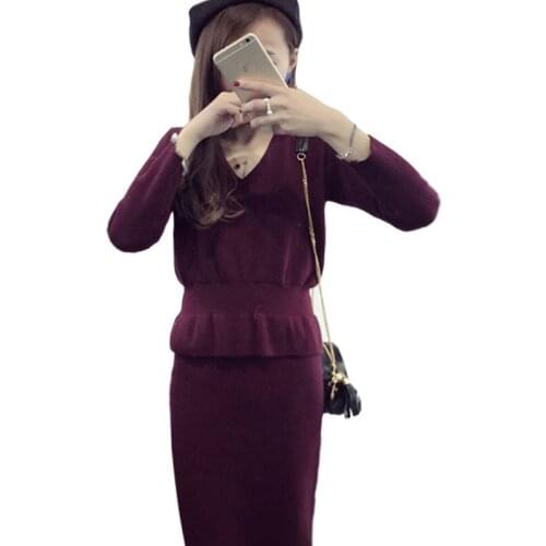 2021 Sweater womens Sets Korean V-neck Thick Slim Pullover Students Jumper Fitted two-piece Sweater Skirt Suit Vestidos MMY190