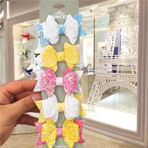 5PCS/Card Lovely Leather Glitter Girls Clip Bow Child Tie Knot Swallowtail Handmade Hairpins Barrettes Hair Accessories For Kids