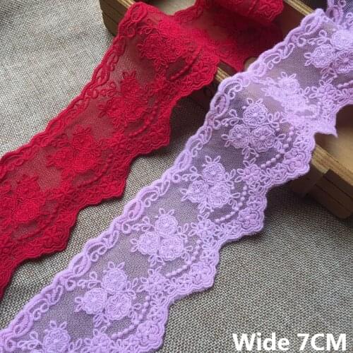7CM Wide Luxury Tulle Purple Red Mesh Fabric Floral Embroidered Lace Collar Edge Trim Apparel Cloth Curtains Sewing Accessories
