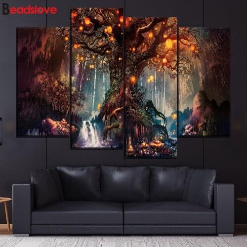 Full DIY 5D Diamond Painting Forest Fantasy Luminous tree 4 pcs Cross Stitch Square Diamond Embroidery round mosaic rhinestones