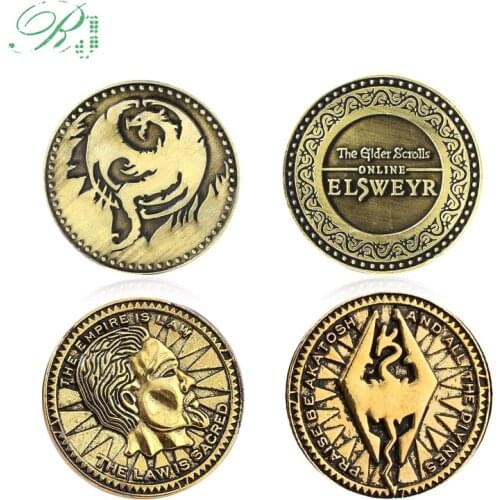 RJ The Elder Scrolls Online Elsweyr Coin Keychain Morrowind Dinosaur Fly Dragon Keyring Men Game Souvenir Jewelry Gift