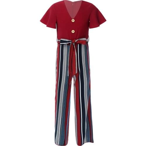 Fashion Kids Jumpsuit For Girls Summer Casual V Neck Ruffle Short Sleeves Stripe Romper Jumpsuit Outfits Girls Overalls Playsuit