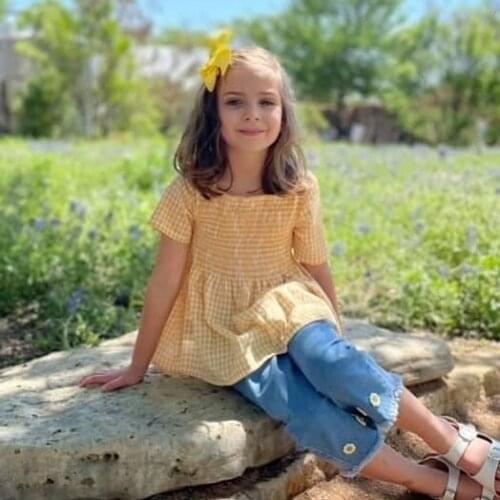 Little Girls Summer T-shirt and Trousers Suit Fashion Plaid Short-sleeve Tops and Little Daisy Denim Pants, 1-6Years