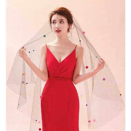 LZP379 Mysterious Black Tulle Wedding Veil 1.5 Meters Coloured Small Ball Two Layer Bridal Veil Blusher Veil Veu De Noiva