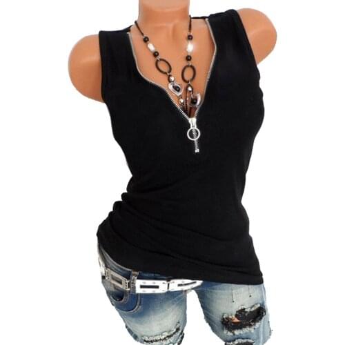 Sexy V Neck Skiny Tank Tops Summer Women Fashion Sleeveless Zip Up Vest Casual Female Solid Tee Tops Plus Size 5XL WDC2359