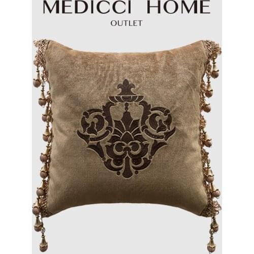 Medicci Home Chandelier Damask Embroidered Cushion Cover Coffee Brown Velvet European Living Room Throw Pillow Case With Tassles