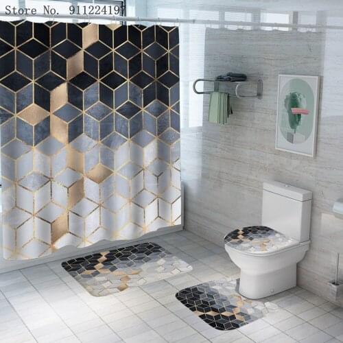 Marble Pattern Waterproof Shower Curtain Bathroom Mats Geometric Curtains Bath Mat Sets Bathtub Toilet Lid Cover Rug Home Decor