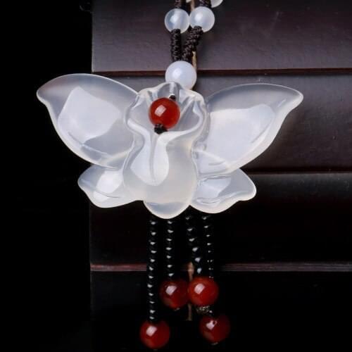 Natural chalcedony sweater chain butterfly flower jadeite necklace couple model >>>Wholesale Free Shipping 100% Natural Jewelry