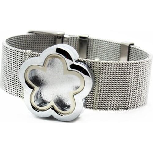 New!! 1pcs 30mm Silver color Flower magnetic glass floating locket bracelet stainless steel wristband without Charms LSLB10