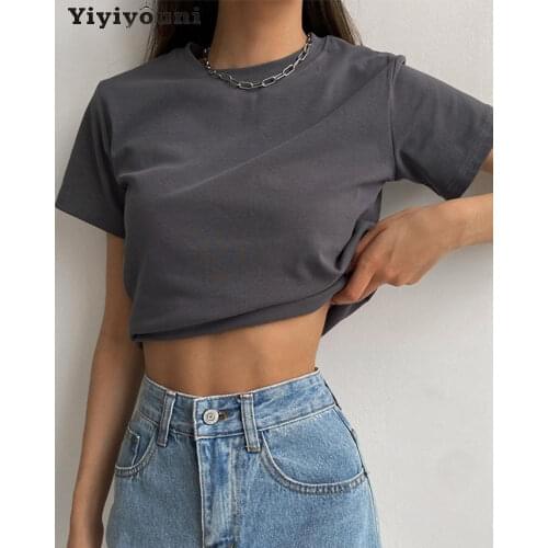 Yiyiyouni Solid Casual Basic T-shirt Women Summer Short Sleeve Cotton Tee-Shirt Women O-Neck Black White Korean Tops Female 2021