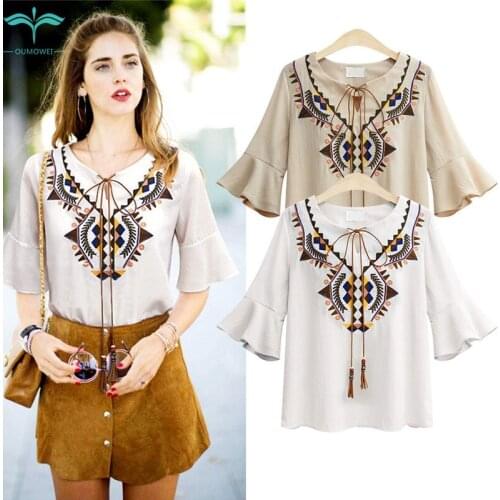 OUMOWEI Womens T-Shirt Fashion High Quality 2020 Large Size Embroidery Loose Trumpet Sleeves Wild Chiffon