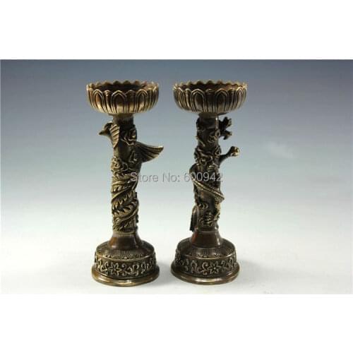 A Pair Of Old Copper ancient Candle holder stand with Dragon Phoenix Lucky implied meaning