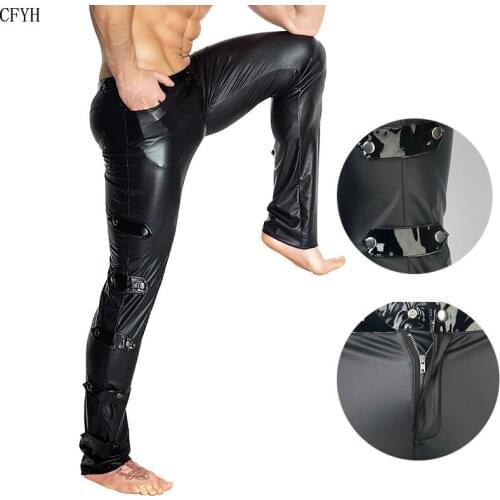Sexy High Elastic Shiny Tight PVC Leather Pants Glossy Punk Stage Pencil Pants Mens Performance Wear Erotic Lingerie