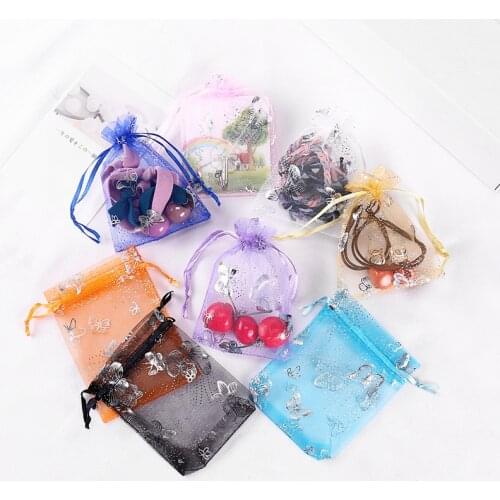 100 Organza Gift Bags with Silvertone Butterfly Royal Drawstring Jewelry Pouch Wedding Favors Pockets Organza Mesh Packaging RS3
