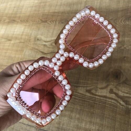 Pink Square Women Sunglasses Oversize Pearl Designer Female Cute Eyewear Luxury Brand Diamond Sun Glasses UV400 Big Oculos de so