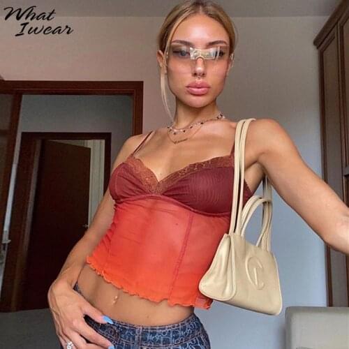 Sexy Lace Patchwork V Neck Camis Women Y2k Mesh See Through Crop Tops Streetwear Basic Tank Top Strapless Femme Stretchy