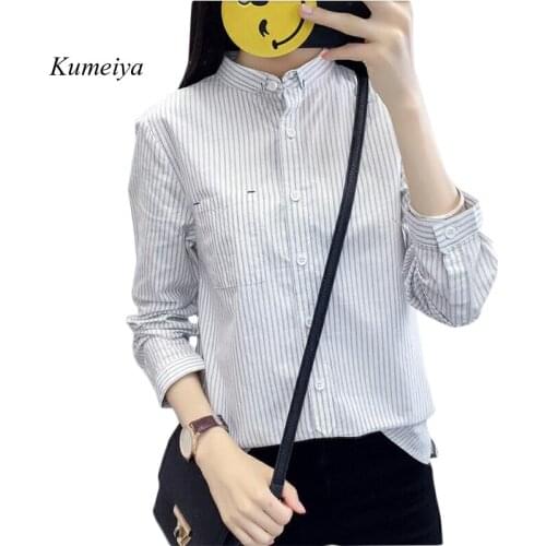 Spring Striped Blouse Women Long Sleeve Shirt Blue Grey Casual Cotton Ladies Tops Office Work Wear Lady Blusas