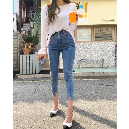 Female Pencil Jeans Women Streetwear Denim Jeans Trousers 2021 High Waist Stretch Skinny Women Jeans Pants Split Cuff