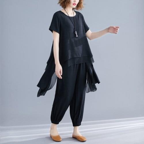 Black Vintage 2 Two Piece Set Women Summer Casual Loose Short Sleeve T-shirt Women Tops Harem Pants 2021 Fashion Clothes