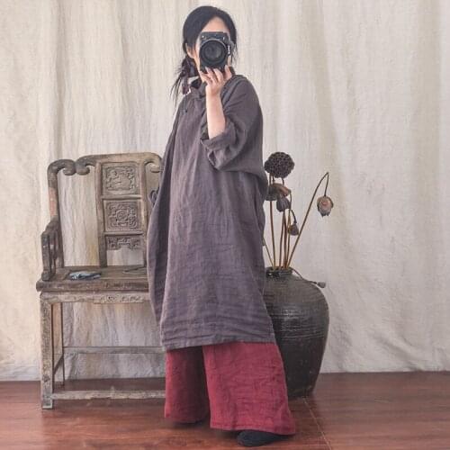 Johnature Women Linen Dress Stand Long Sleeve Solid Color Button Clothes 2021 Spring Autumn New Loose Chinese Style Dresses