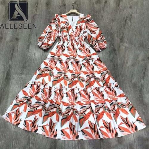 AELESEEN Runway Fashion Women Autumn Winter Dress Lantern Sleeve V-Neck Ruffles Leave Print Elegant Long Party Dress