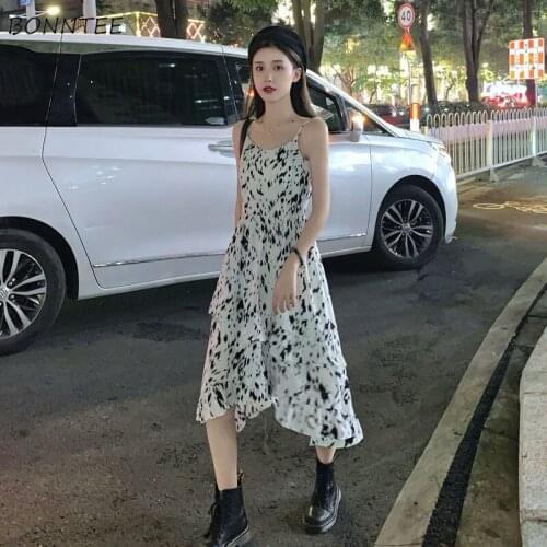 Dress Women Vintage Print Summer French Fairy Fashion Ulzzang Sexy Spaghetti Strap Irregular A-line Baggy Elegant Casual Punk