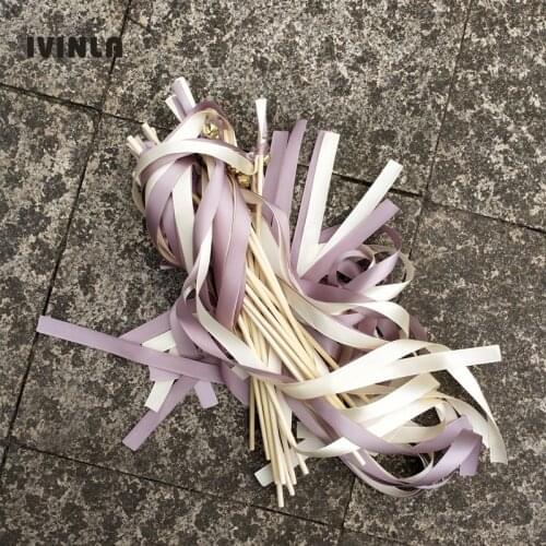 50pcs/lot purple and cream ribbon Wands with sliver Bells for wedding party