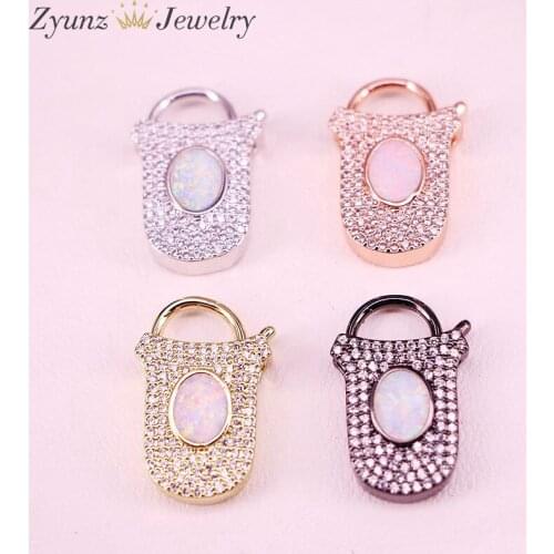 6PCS, Mix Color Lock Shape CZ and Opal Stone Clasp Component Metal Clasp Jewelry Findings