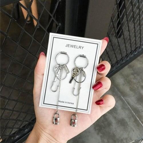 Key Lock Asymmetric Long Chain Geometry Pendant Metal Tassel Drop Earring Fashion Jewelry Exquisite Earrings