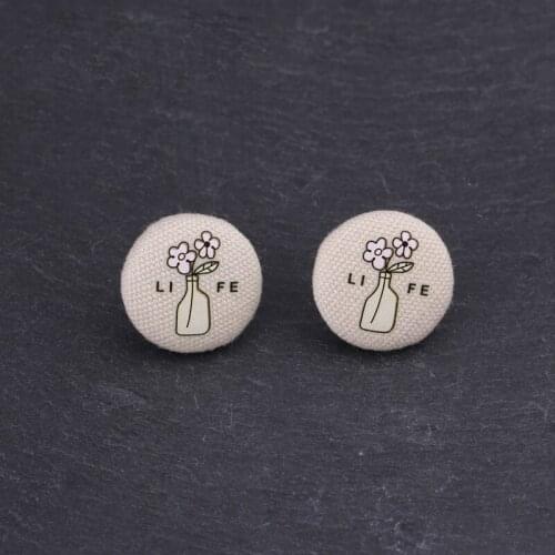Cotton Grid Pattern Fabric Plaid Letters Flowers Printing Round Stud Earrings Elegant Women Cloth Plain Button Big Drop Jewelry
