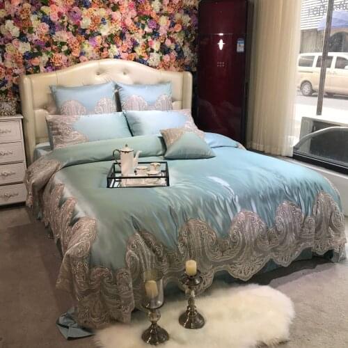 Exquisit Lace Embroidery Long Staple Cotton Bedding Set skin-friendly Quit Cover Sheet Pillowcase Queen King 4 PCS