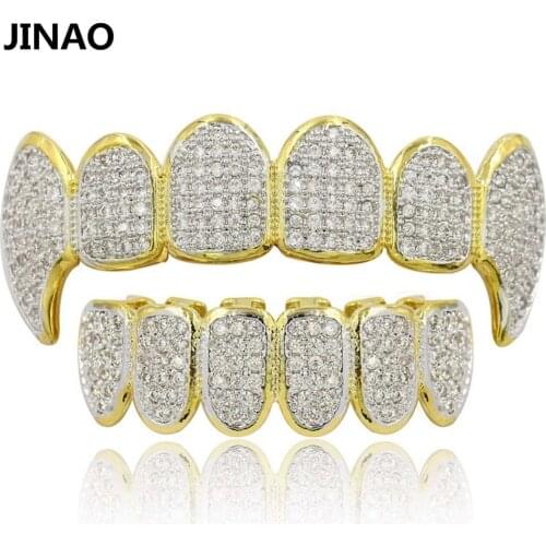 JINAO Gold Color Plated Hip Hop Micro Pave Zircon Teeth Grillz Caps Top&Bottom Men Women Vampire Fangs Grills set