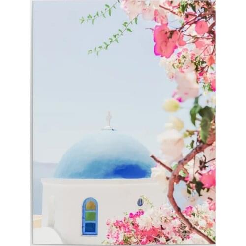 HD Printed Santorini Greece Pink Peach Flower Canvas Painting Home Decor Wall Art Pictures For Living Room Modular Framed Poster