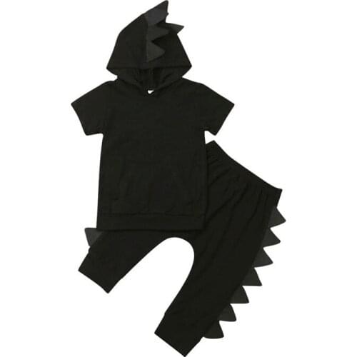 2Pcs Boys Clothes Set Casual Newborn Kid Baby Boy Short Sleeve Hooded Dinosaur T-shirt+Long Pants Summer Solid Outfits Set 1-5Y