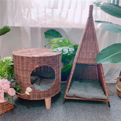 Korean Retro Cats Nest Closed Pointed Cat House Originality Rattan Pet Supplies Cat Bed Ventilation Health and Comfort