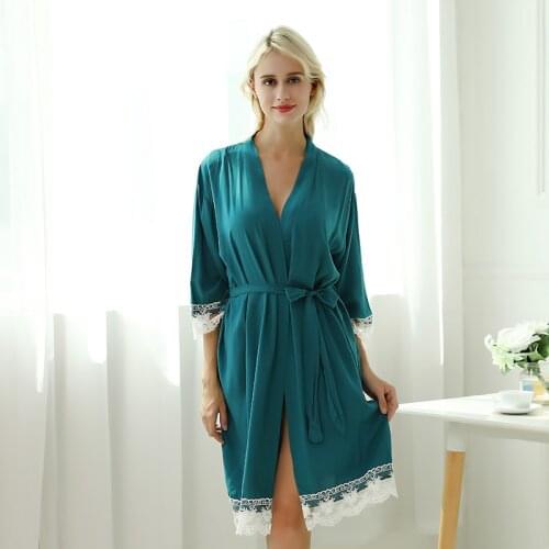 Lace Trim Wedding Bride Bridesmaid Solid Robe Dressing Gown Sexy Women Bathrobe Nightgown Short Sleepwear Casual Flower Kimono