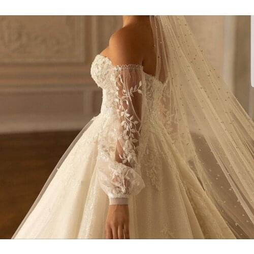 Lace Wedding Sleeves Detachable Ivory Bridal Long Sleeves Botany Flowers Appliqued Flexible Sleeve Bottom Pearls for Wedding