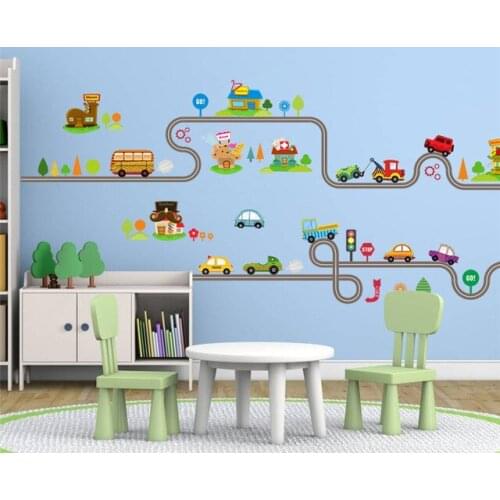 Cartoon Car Bus Highway Track Wall Stickers For Kids Rooms Childrens Bedroom Living Room Decor Wall Art Decals Boys Gift