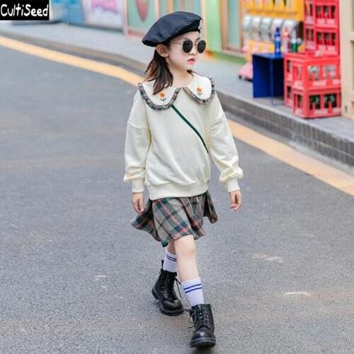 Cultiseed Girl Autumn Dress Sets Big Children Girls Long Sleeve Hoodies Top+Plaid Dress 2pc Dress Set Kids Vintage Party Dresses
