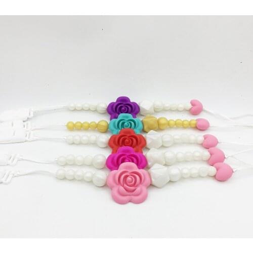Silicone teething flower Teether Clip ,baby teether pacifier rose flower beads clip -silicone teething pacifier necklace