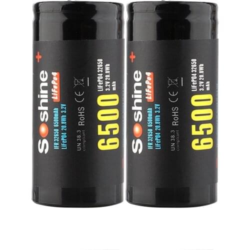 Soshine 32650 Li-FePO4 Battery 3.2v high capacity 6500mah LiFePO4 rechargeable battery