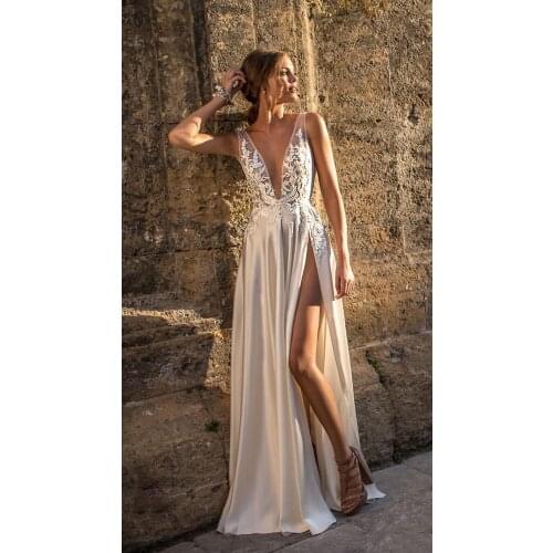 2020 Berta Illusion Backless Wedding Dresses Front Split Plunging Neckline Appliques Bridal Gown Floor Length A Line Wedding Dr
