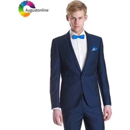 Navy Blue Groom Tuxedo Shawl Lapel Jacket Pants 2Piece Slim Fit Best Man Blazers Terno Masculino Custom Made Costume Homme