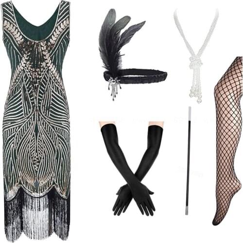 1920s Flapper Dress Great Gatsby Party Evening Sequins Fringed Dresses Gown Dress with 20s Accessories Set